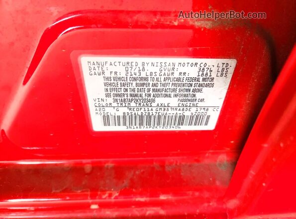 3N1AB7AP2KY203406 2019 NISSAN SENTRA Red VIN sticker view