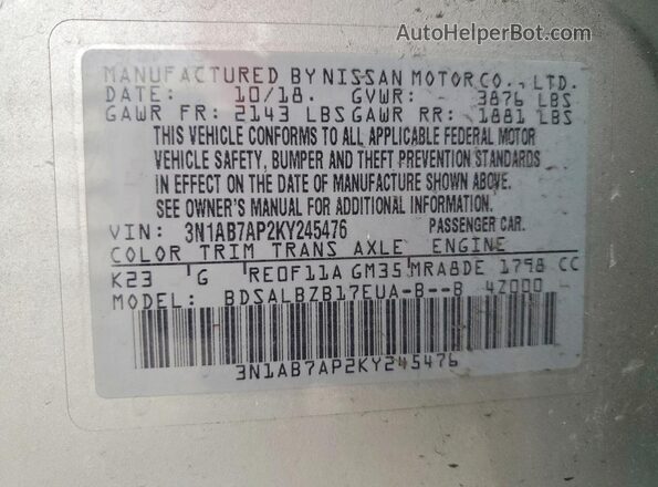 3N1AB7AP2KY245476 2019 NISSAN SENTRA Silver Շարժիչի բաժամունքի տեսք