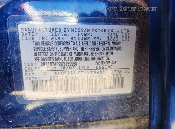 3N1AB7AP2KY259958 2019 NISSAN SENTRA Blue ძრავის განყოფილების ხედი