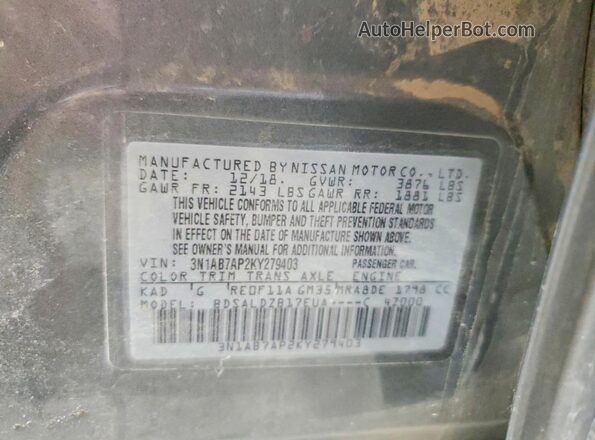 3N1AB7AP2KY279403 2019 NISSAN SENTRA Gray VIN կոդի պիտակի տեսք