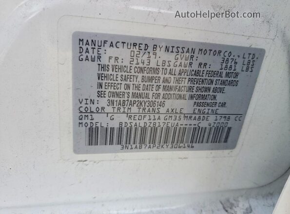 3N1AB7AP2KY306146 2019 NISSAN SENTRA White Vista del compartimento del motor