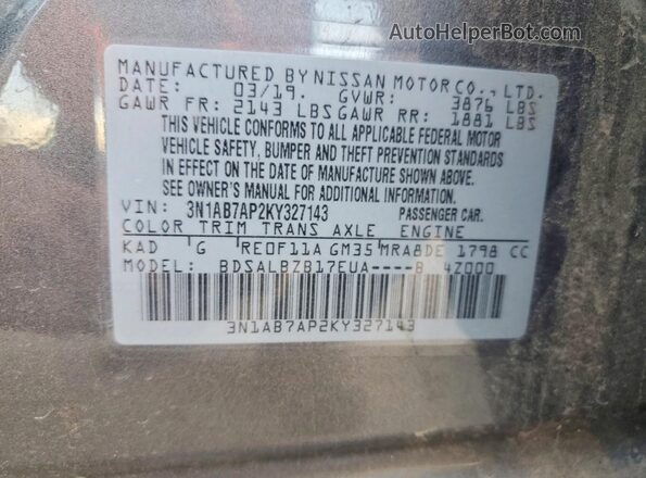 3N1AB7AP2KY327143 2019 NISSAN SENTRA Gray Вид підкапотного простору