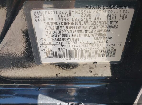 3N1AB7AP2KY370591 2019 NISSAN SENTRA Black Вид підкапотного простору
