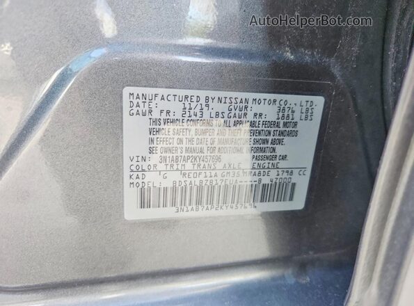 3N1AB7AP2KY457696 2019 NISSAN SENTRA Gray Vista de la etiqueta del VIN
