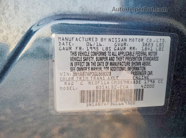 3N1AB7AP3GL669320 2016 NISSAN SENTRA Blue Շարժիչի բաժամունքի տեսք
