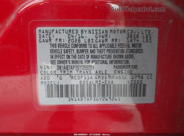 3N1AB7AP3GY269261 2016 NISSAN SENTRA Red Engine compartment view