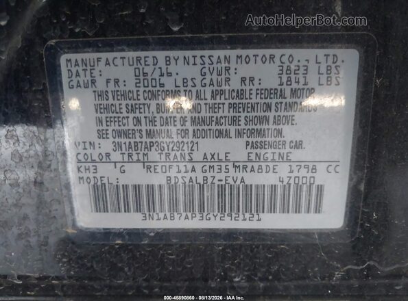 3N1AB7AP3GY292121 2016 NISSAN SENTRA Black Engine compartment view