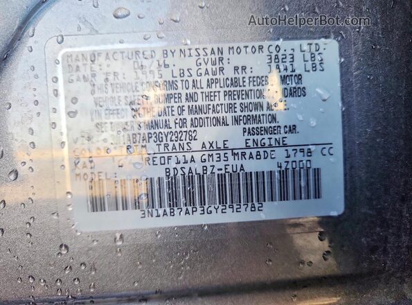 3N1AB7AP3GY292782 2016 NISSAN SENTRA Серебряный Вид наклейки с VIN-кодом
