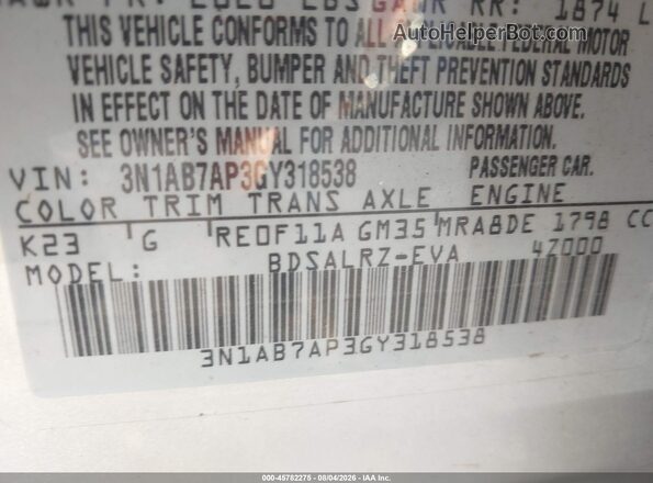3N1AB7AP3GY318538 2016 NISSAN SENTRA Gray Vista del compartimento del motor