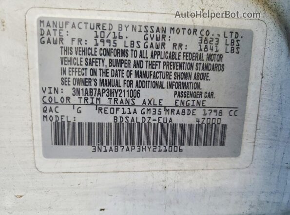 3N1AB7AP3HY211006 2017 NISSAN SENTRA White VIN კოდის სტიკერის ხედი