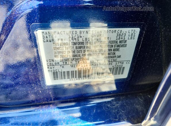 3N1AB7AP3HY236844 2017 NISSAN SENTRA Синий Вид наклейки с VIN-кодом