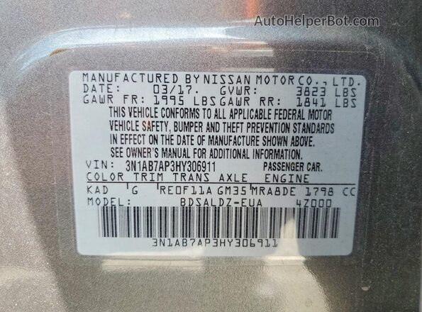 3N1AB7AP3HY306911 2017 NISSAN SENTRA Gray Widok naklejki z numerem VIN