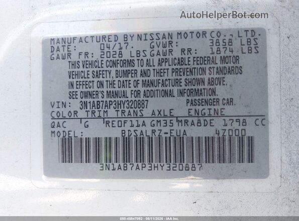 3N1AB7AP3HY320887 2017 NISSAN SENTRA White Vista del compartimento del motor