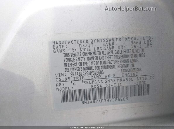 3N1AB7AP3HY325605 2017 NISSAN SENTRA Серебряный Вид подкапотного пространства