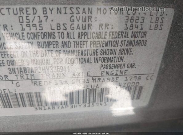 3N1AB7AP3HY335941 2017 NISSAN SENTRA Gray Vista del compartimento del motor