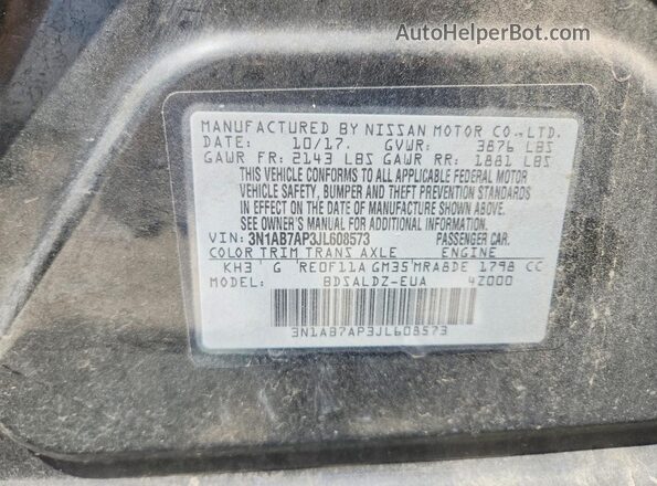 3N1AB7AP3JL608573 2018 NISSAN SENTRA Black ძრავის განყოფილების ხედი