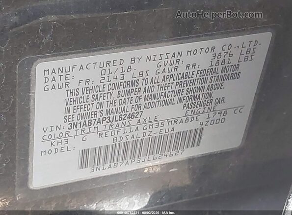3N1AB7AP3JL624627 2018 NISSAN SENTRA Black Engine compartment view