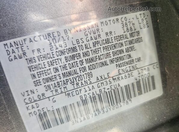 3N1AB7AP3JY201789 2018 NISSAN SENTRA Gray VIN կոդի պիտակի տեսք
