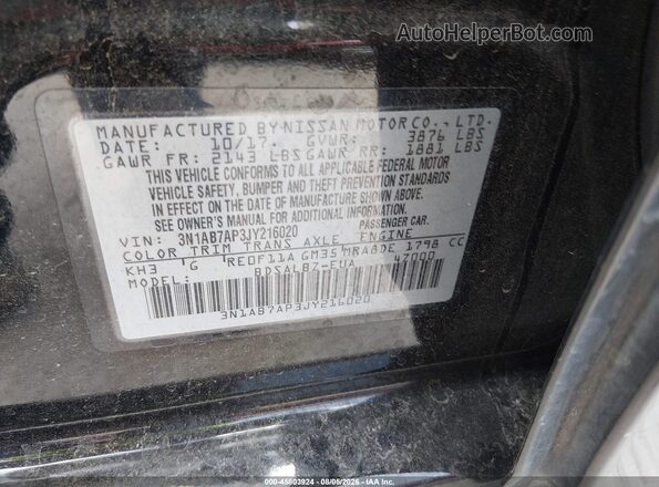 3N1AB7AP3JY216020 2018 NISSAN SENTRA Black ძრავის განყოფილების ხედი