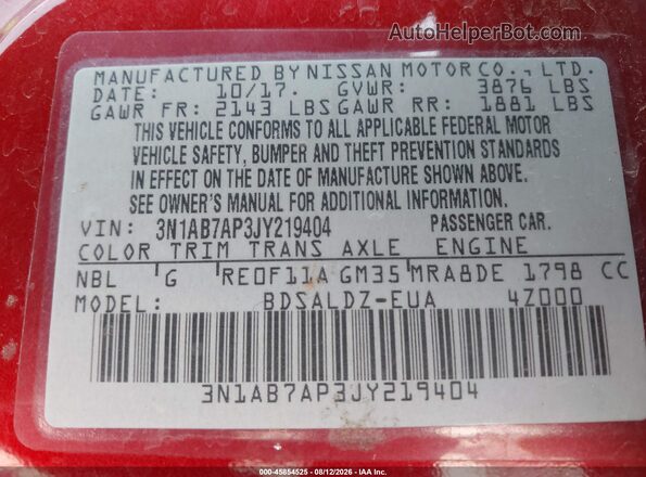 3N1AB7AP3JY219404 2018 NISSAN SENTRA Red Vista del compartimento del motor