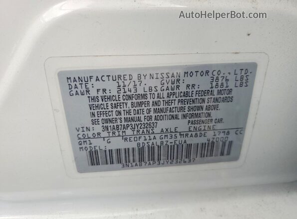 3N1AB7AP3JY232637 2018 NISSAN SENTRA White Vista de la etiqueta del VIN
