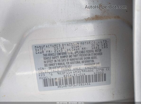 3N1AB7AP3JY281451 2018 NISSAN SENTRA Серебряный Вид подкапотного пространства