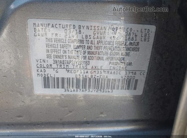 3N1AB7AP3JY293163 2018 NISSAN SENTRA Серый Вид подкапотного пространства