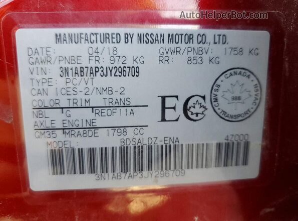 3N1AB7AP3JY296709 2018 NISSAN SENTRA Red VIN կոդի պիտակի տեսք