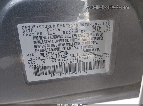 3N1AB7AP3JY297293 2018 NISSAN SENTRA Gray Vista del compartimento del motor