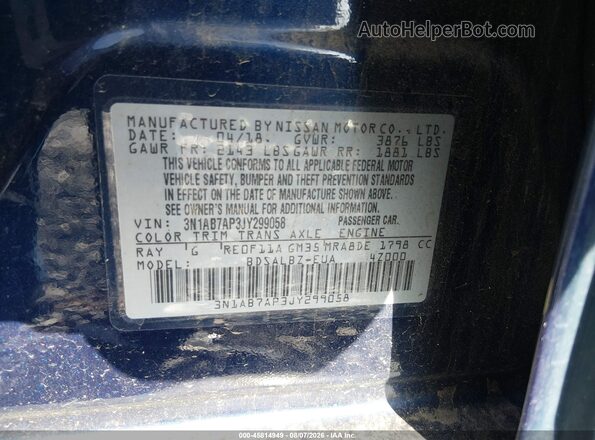 3N1AB7AP3JY299058 2018 NISSAN SENTRA Dark Blue VIN կոդի պիտակի տեսք