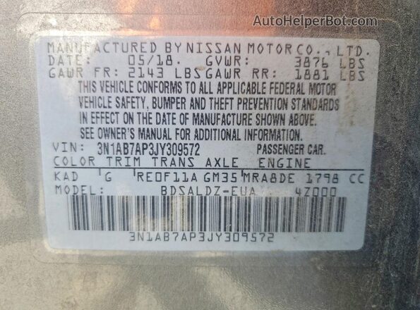 3N1AB7AP3JY309572 2018 NISSAN SENTRA Gray VIN sticker view
