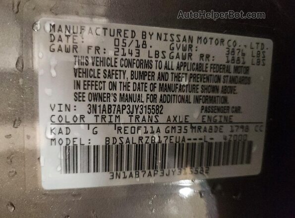 3N1AB7AP3JY315582 2018 NISSAN SENTRA Gray Engine compartment view