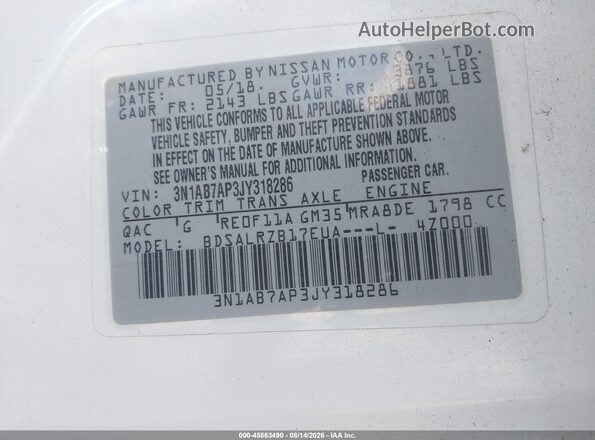 3N1AB7AP3JY318286 2018 NISSAN SENTRA White Вид підкапотного простору