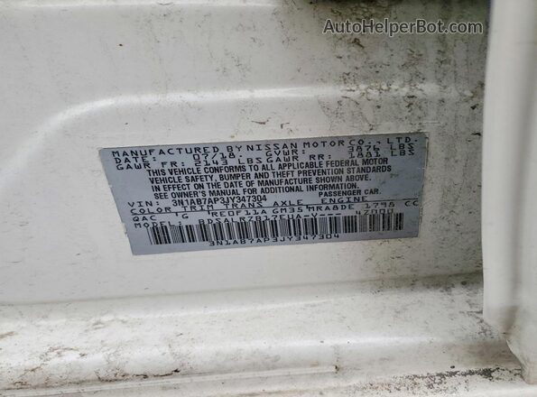 3N1AB7AP3JY347304 2018 NISSAN SENTRA White VIN sticker view