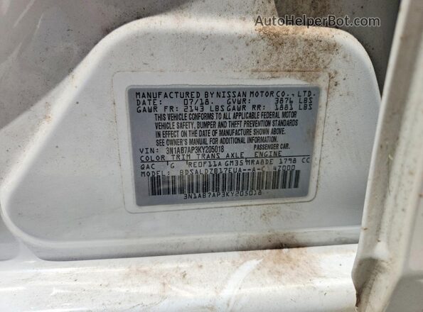 3N1AB7AP3KY205018 2019 NISSAN SENTRA White Widok komory silnika