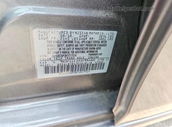3N1AB7AP3KY217914 2019 NISSAN SENTRA Gray ძრავის განყოფილების ხედი