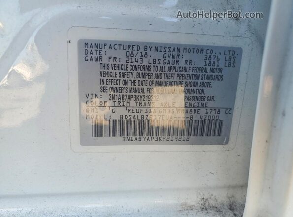 3N1AB7AP3KY219212 2019 NISSAN SENTRA White Widok komory silnika