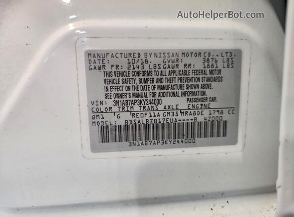 3N1AB7AP3KY244000 2019 NISSAN SENTRA Белый Вид подкапотного пространства