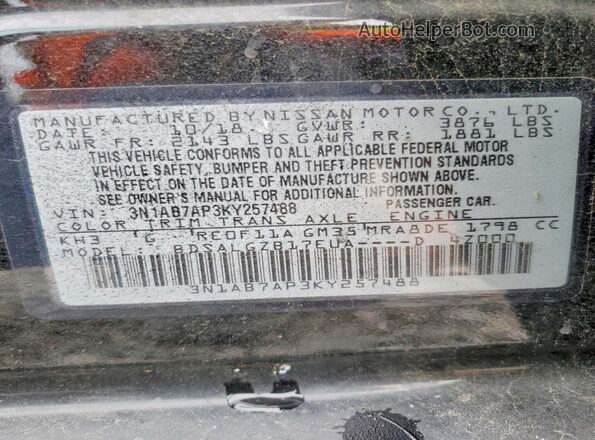 3N1AB7AP3KY257488 2019 NISSAN SENTRA Black VIN կոդի պիտակի տեսք