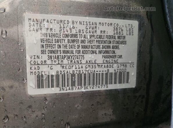3N1AB7AP3KY274775 2019 NISSAN SENTRA Gray VIN sticker view