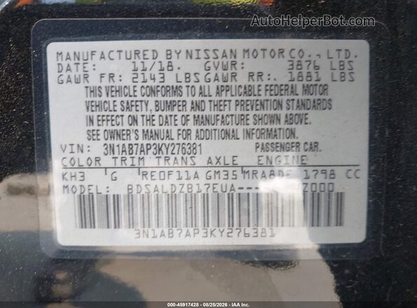 3N1AB7AP3KY276381 2019 NISSAN SENTRA Black Շարժիչի բաժամունքի տեսք
