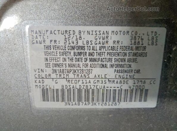 3N1AB7AP3KY281287 2019 NISSAN SENTRA Серый Вид подкапотного пространства