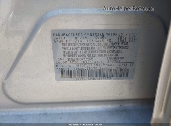 3N1AB7AP3KY325675 2019 NISSAN SENTRA Silver Вид підкапотного простору