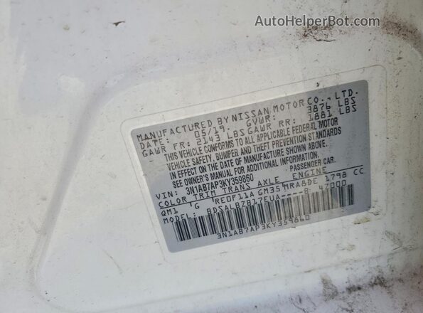 3N1AB7AP3KY359860 2019 NISSAN SENTRA White VIN sticker view