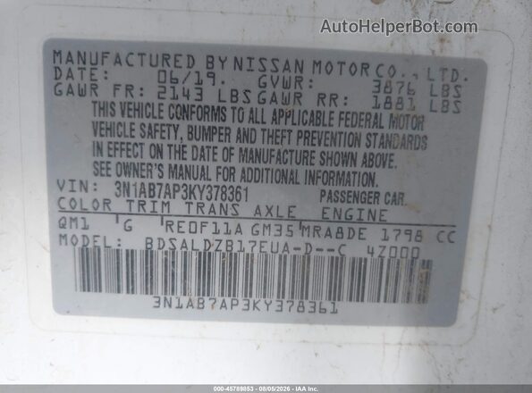 3N1AB7AP3KY378361 2019 NISSAN SENTRA White Vista del compartimento del motor