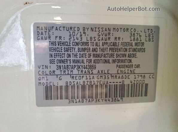 3N1AB7AP3KY443869 2019 NISSAN SENTRA White VIN sticker view