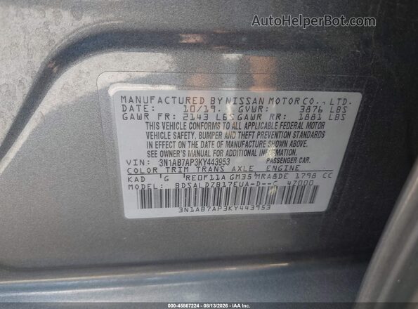 3N1AB7AP3KY443953 2019 NISSAN SENTRA Серый Вид подкапотного пространства