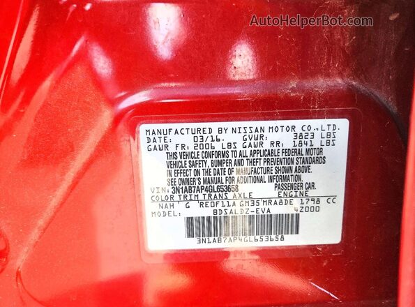 3N1AB7AP4GL653658 2016 NISSAN SENTRA Red Вид підкапотного простору