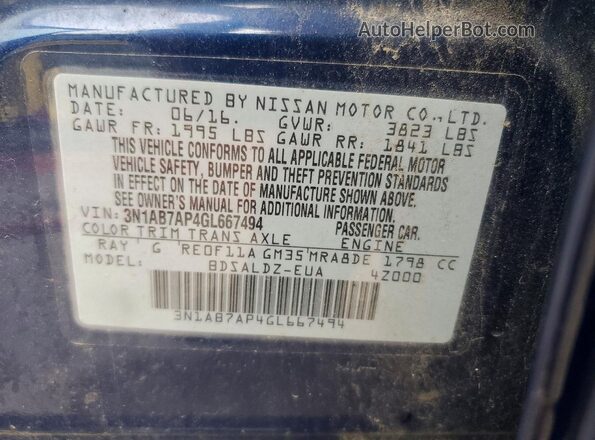 3N1AB7AP4GL667494 2016 NISSAN SENTRA Blue Вид наклейки з VIN-кодом