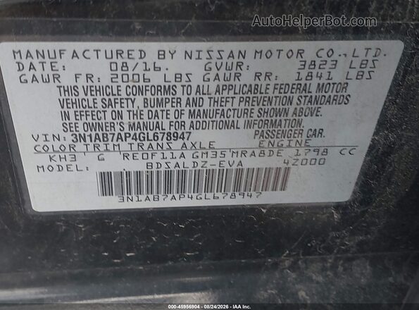 3N1AB7AP4GL678947 2016 NISSAN SENTRA Black Vista del compartimento del motor